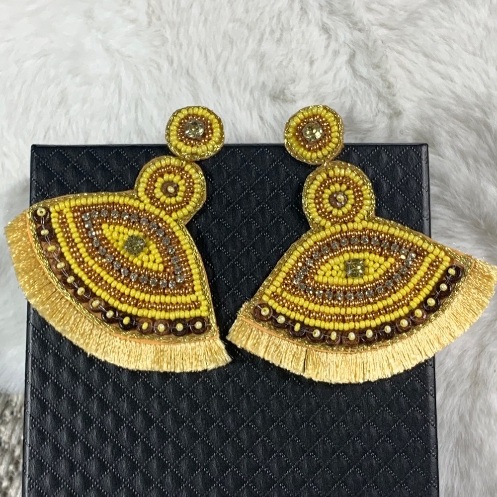 Yellow Beaded Evil Eye Earrings